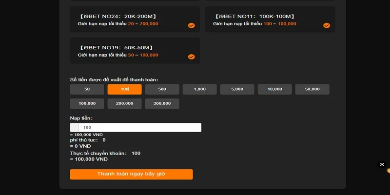 Nạp tiền vào tài khoản của thương hiệu I9BET
